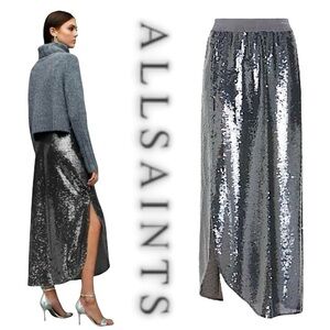 NWOT Allsaints ✘ Opal Sparkle Sequins Midi Side Slit Skirt, Silver, S